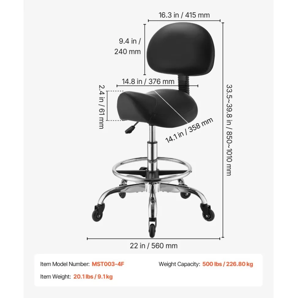 VEVOR Saddle Stool with Back Support Footrest, 500 lbs Weight Capacity, Height Adjustable, Quiet Casters, PU Leather Seat, 360° Swivel Saddle Stool Rolling Chair for Salon, Spa, Bar, Medical, Black