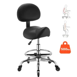 VEVOR Saddle Stool with Back Support Footrest, 500 lbs Weight Capacity, Height Adjustable, Quiet Casters, PU Leather Seat, 360° Swivel Saddle Stool Rolling Chair for Salon, Spa, Bar, Medical, Black