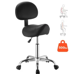 VEVOR Saddle Stool with Back Support, 500 lbs Weight Capacity, Height Adjustable, Ergonomic PU Leather Seat, 360° Swivel Saddle Stool Rolling Chair with Wheels for Salon, Spa, Bar, Medical, Black