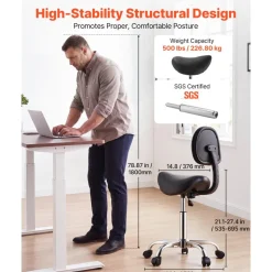 VEVOR Saddle Stool with Back Support, 500 lbs Weight Capacity, Height Adjustable, Ergonomic PU Leather Seat, 360° Swivel Saddle Stool Rolling Chair with Wheels for Salon, Spa, Bar, Medical, Black