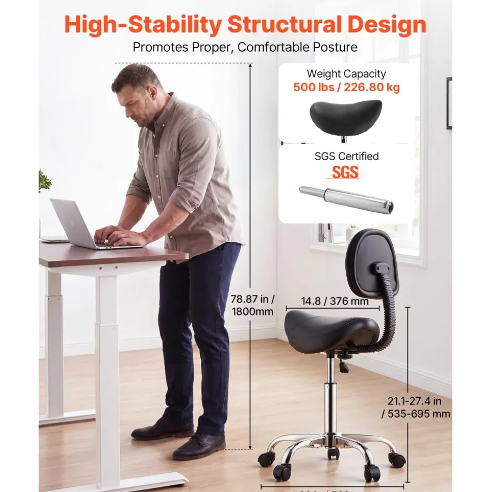 VEVOR Saddle Stool with Back Support, 500 lbs Weight Capacity, Height Adjustable, Ergonomic PU Leather Seat, 360° Swivel Saddle Stool Rolling Chair with Wheels for Salon, Spa, Bar, Medical, Black