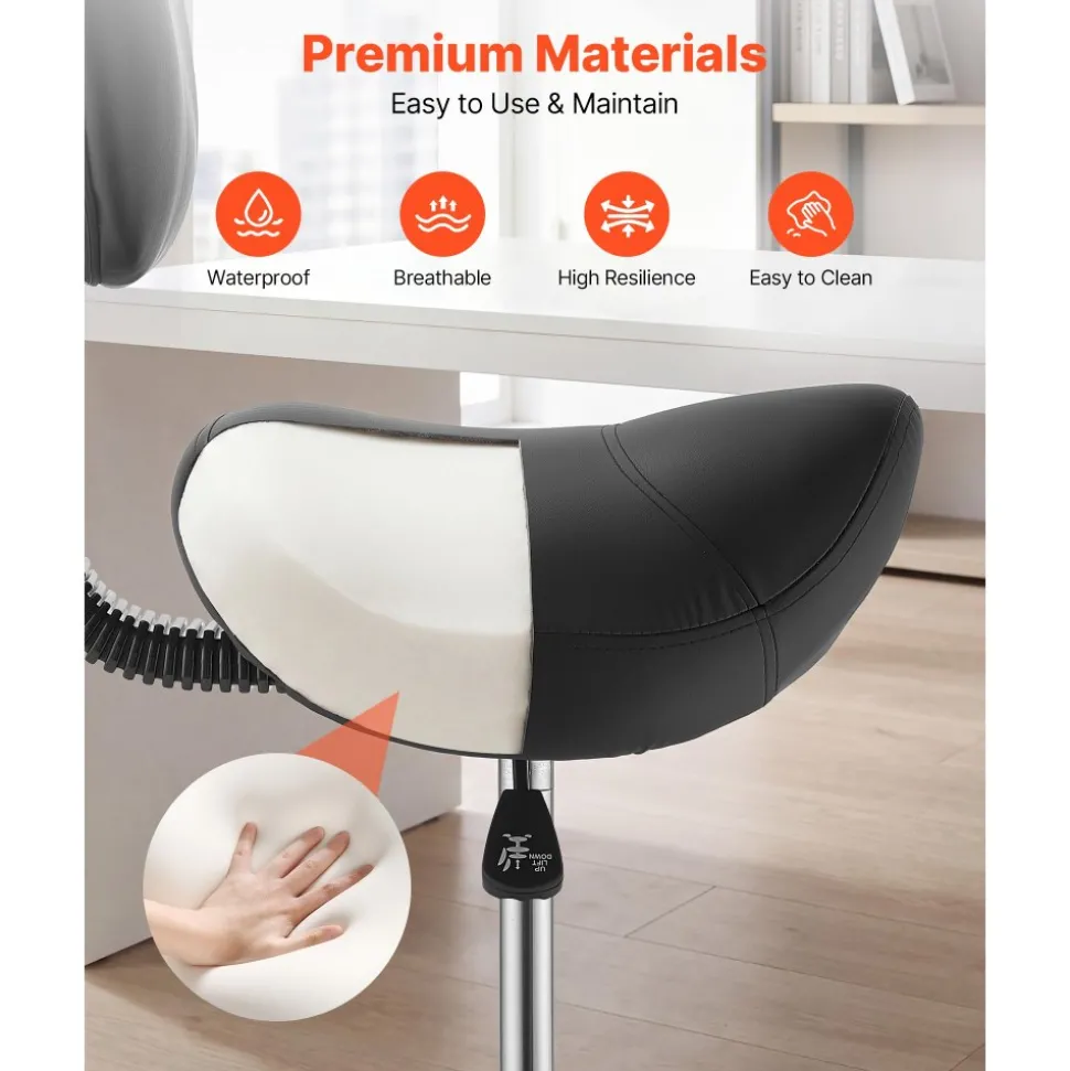 VEVOR Saddle Stool with Back Support, 500 lbs Weight Capacity, Height Adjustable, Ergonomic PU Leather Seat, 360° Swivel Saddle Stool Rolling Chair with Wheels for Salon, Spa, Bar, Medical, Black