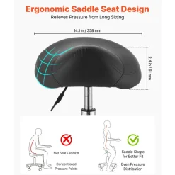 VEVOR Saddle Stool with Wheels, 500 lbs Weight Capacity, Height Adjustable, Quiet Casters, Ergonomic PU Leather Seat, 360° Swivel Saddle Stool Rolling Chair for Salon, Spa, Bar, Home, Medical, Black