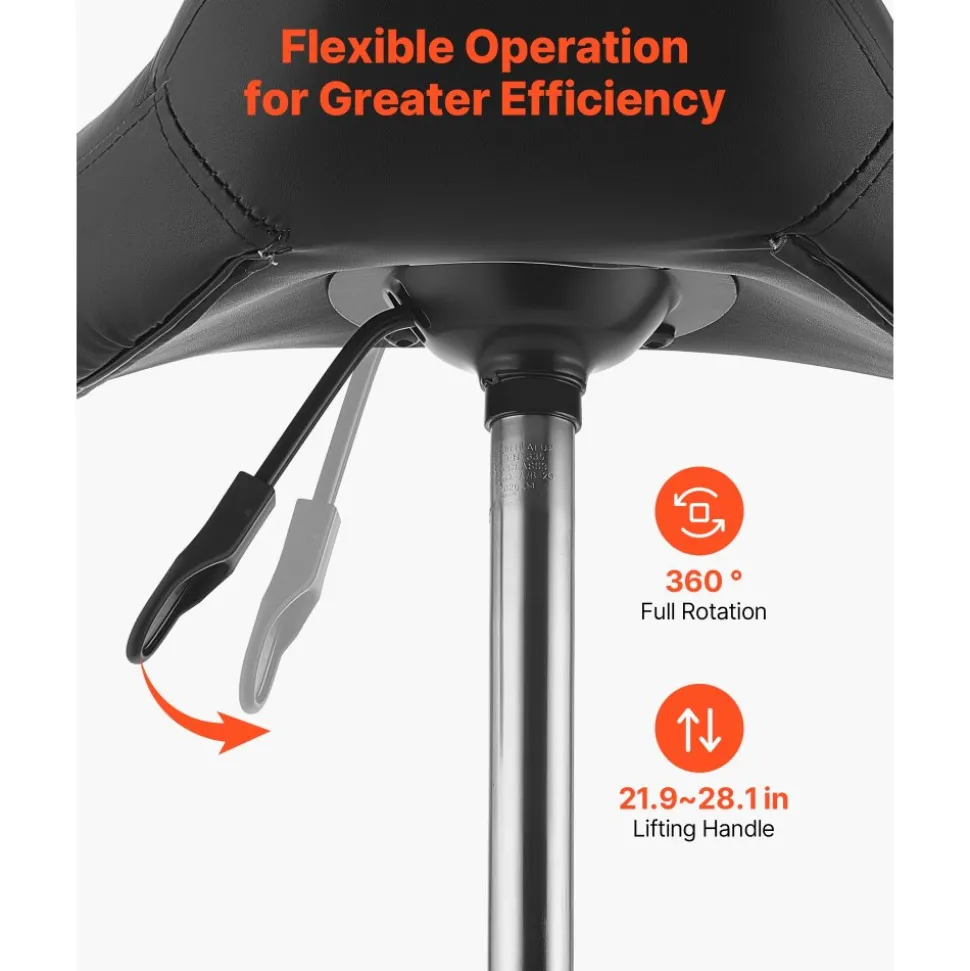 VEVOR Saddle Stool with Wheels, 500 lbs Weight Capacity, Height Adjustable, Quiet Casters, Ergonomic PU Leather Seat, 360° Swivel Saddle Stool Rolling Chair for Salon, Spa, Bar, Home, Medical, Black