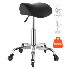 VEVOR Saddle Stool with Wheels, 500 lbs Weight Capacity, Height Adjustable, Quiet Casters, Ergonomic PU Leather Seat, 360° Swivel Saddle Stool Rolling Chair for Salon, Spa, Bar, Home, Medical, Black