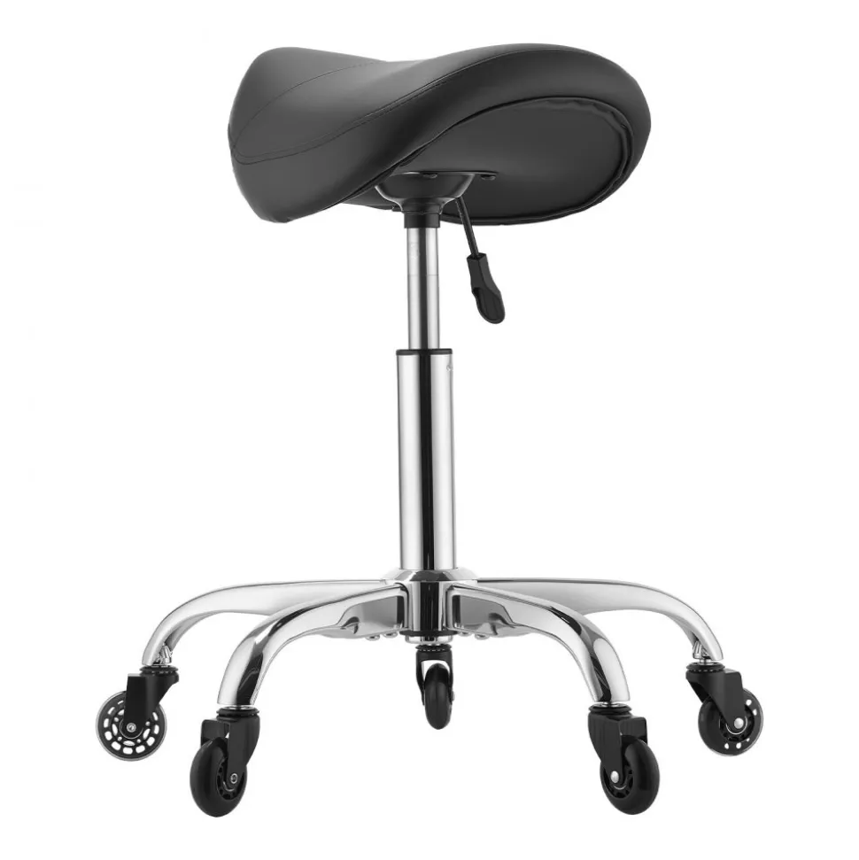 VEVOR Saddle Stool with Wheels, 500 lbs Weight Capacity, Height Adjustable, Quiet Casters, Ergonomic PU Leather Seat, 360° Swivel Saddle Stool Rolling Chair for Salon, Spa, Bar, Home, Medical, Black
