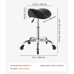 VEVOR Saddle Stool with Wheels, 500 lbs Weight Capacity, Height Adjustable, Quiet Casters, Ergonomic PU Leather Seat, 360° Swivel Saddle Stool Rolling Chair for Salon, Spa, Bar, Home, Medical, Black