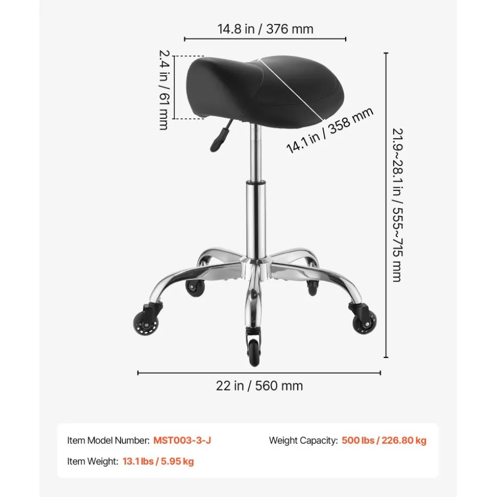 VEVOR Saddle Stool with Wheels, 500 lbs Weight Capacity, Height Adjustable, Quiet Casters, Ergonomic PU Leather Seat, 360° Swivel Saddle Stool Rolling Chair for Salon, Spa, Bar, Home, Medical, Black