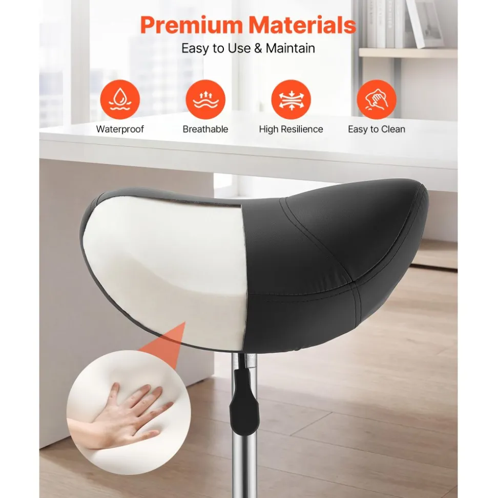 VEVOR Saddle Stool with Wheels, 500 lbs Weight Capacity, Height Adjustable, Quiet Casters, Ergonomic PU Leather Seat, 360° Swivel Saddle Stool Rolling Chair for Salon, Spa, Bar, Home, Medical, Black