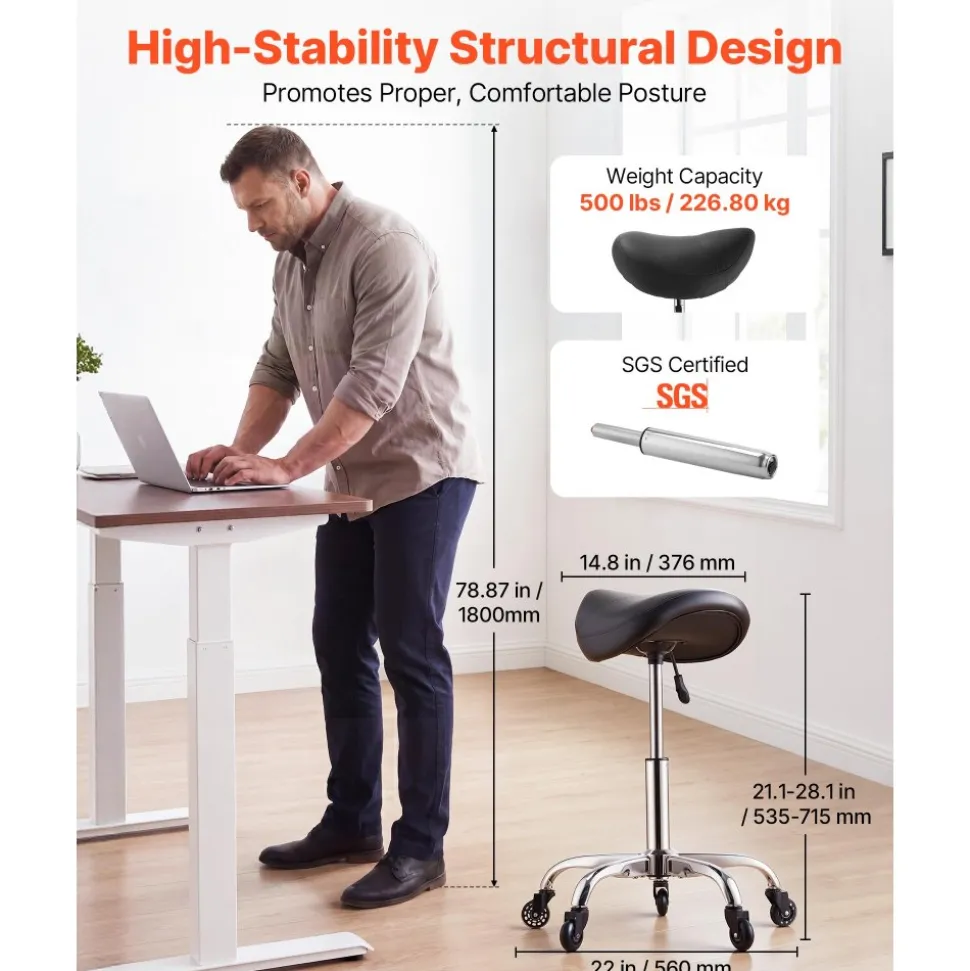VEVOR Saddle Stool with Wheels, 500 lbs Weight Capacity, Height Adjustable, Quiet Casters, Ergonomic PU Leather Seat, 360° Swivel Saddle Stool Rolling Chair for Salon, Spa, Bar, Home, Medical, Black