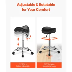 VEVOR Saddle Stool with Wheels, 450 LBS Weight Capacity Ergonomic Rolling Stool, Height Adjustable Thickened PU Leather Swivel Saddle Chair for Salon, Spa, Massage, Tattoo, Clinic, Black