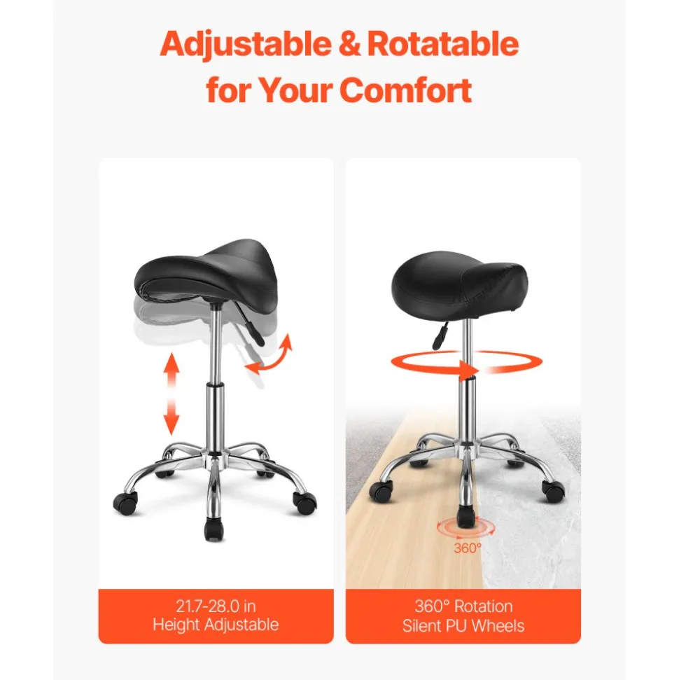 VEVOR Saddle Stool with Wheels, 450 LBS Weight Capacity Ergonomic Rolling Stool, Height Adjustable Thickened PU Leather Swivel Saddle Chair for Salon, Spa, Massage, Tattoo, Clinic, Black