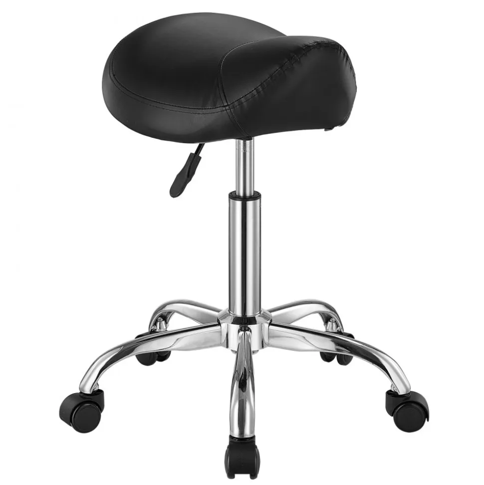 VEVOR Saddle Stool with Wheels, 450 LBS Weight Capacity Ergonomic Rolling Stool, Height Adjustable Thickened PU Leather Swivel Saddle Chair for Salon, Spa, Massage, Tattoo, Clinic, Black
