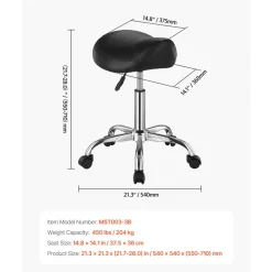 VEVOR Saddle Stool with Wheels, 450 LBS Weight Capacity Ergonomic Rolling Stool, Height Adjustable Thickened PU Leather Swivel Saddle Chair for Salon, Spa, Massage, Tattoo, Clinic, Black