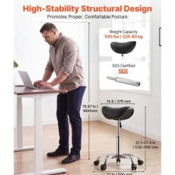 VEVOR Saddle Stool with Wheels, 500 lbs Weight Capacity, Height Adjustable, Ergonomic PU Leather Seat, 360° Swivel Saddle Stool Rolling Chair for Salon, Spa, Bar, Home, Medical, and Massage, Black