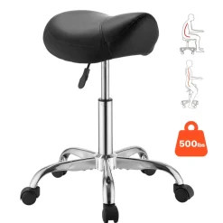 VEVOR Saddle Stool with Wheels, 500 lbs Weight Capacity, Height Adjustable, Ergonomic PU Leather Seat, 360° Swivel Saddle Stool Rolling Chair for Salon, Spa, Bar, Home, Medical, and Massage, Black