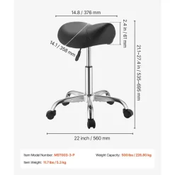 VEVOR Saddle Stool with Wheels, 500 lbs Weight Capacity, Height Adjustable, Ergonomic PU Leather Seat, 360° Swivel Saddle Stool Rolling Chair for Salon, Spa, Bar, Home, Medical, and Massage, Black