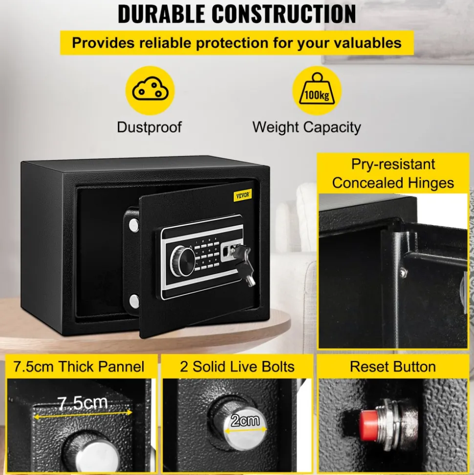 VEVOR Safe Box, 0.8 CU.FT Fingerprint Safe Box for Money with 2 Keys & Digital Keypad, Q235 Steel Safe Box for Storing Cash, Jewelry, Pistols, Documents, Watches in Home & Office & Hotel