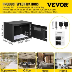 VEVOR Safe Box, 0.8 CU.FT Fingerprint Safe Box for Money with 2 Keys & Digital Keypad, Q235 Steel Safe Box for Storing Cash, Jewelry, Pistols, Documents, Watches in Home & Office & Hotel