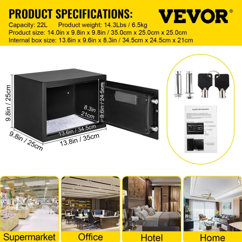 VEVOR Safe Box, 0.8 CU.FT Fingerprint Safe Box for Money with 2 Keys & Digital Keypad, Q235 Steel Safe Box for Storing Cash, Jewelry, Pistols, Documents, Watches in Home & Office & Hotel