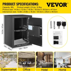 VEVOR Safe Box, 2.1 CU.FT Fingerprint Safe Box for Money with 2 Keys & Digital Keypad, Q235 Steel Safe Box for Storing Cash, Jewelry, Pistols, Documents, Watches in Home & Office & Hotel