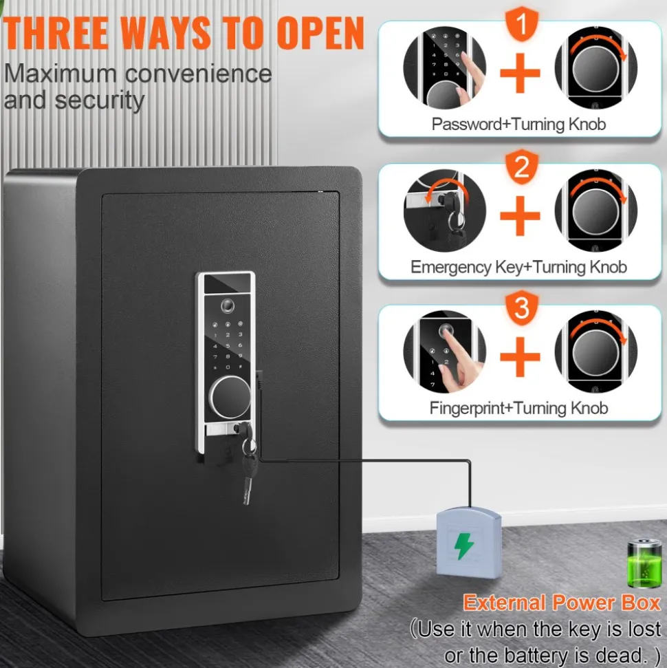 VEVOR Safe, 2.2 Cubic Feet Home Safe, Steel Security Safe with Fingerprint, Digital Keypad and 2 Keys, Cabinet Safe with Large Fire-proof Bag, Protect Cash, Gold, Jewelry, Documents, 15.8x13x23.6 inch