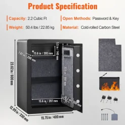 VEVOR Safe, 2.2 Cubic Feet Home Safe, Steel Security Safe with Fingerprint, Digital Keypad and 2 Keys, Cabinet Safe with Large Fire-proof Bag, Protect Cash, Gold, Jewelry, Documents, 15.8x13x23.6 inch