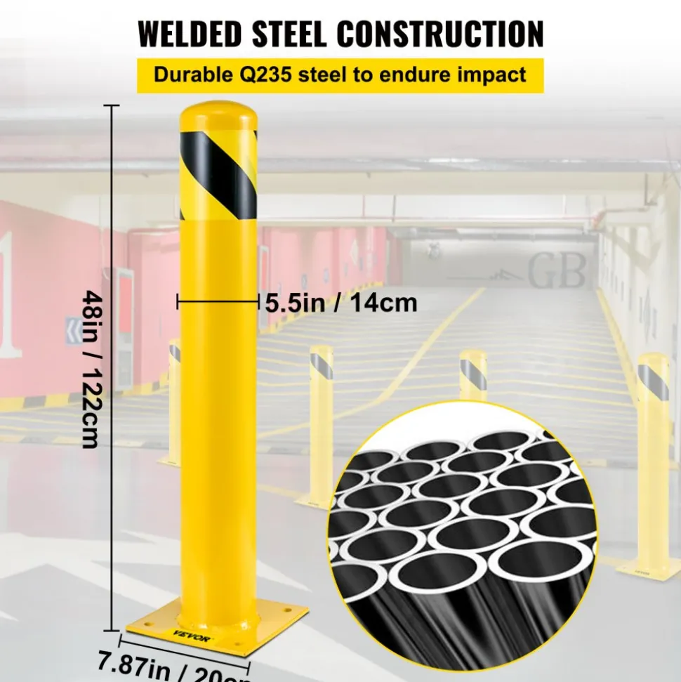VEVOR Safety Bollard, 48 Inch Height Bollard Post, 5.5 Inch Diameter Steel Pipe Safety Bollard Post, Yellow Steel Bollard, Steel Safety Bollard with 8 Anchor Bolts, Perfect for Traffic-Sensitive Area
