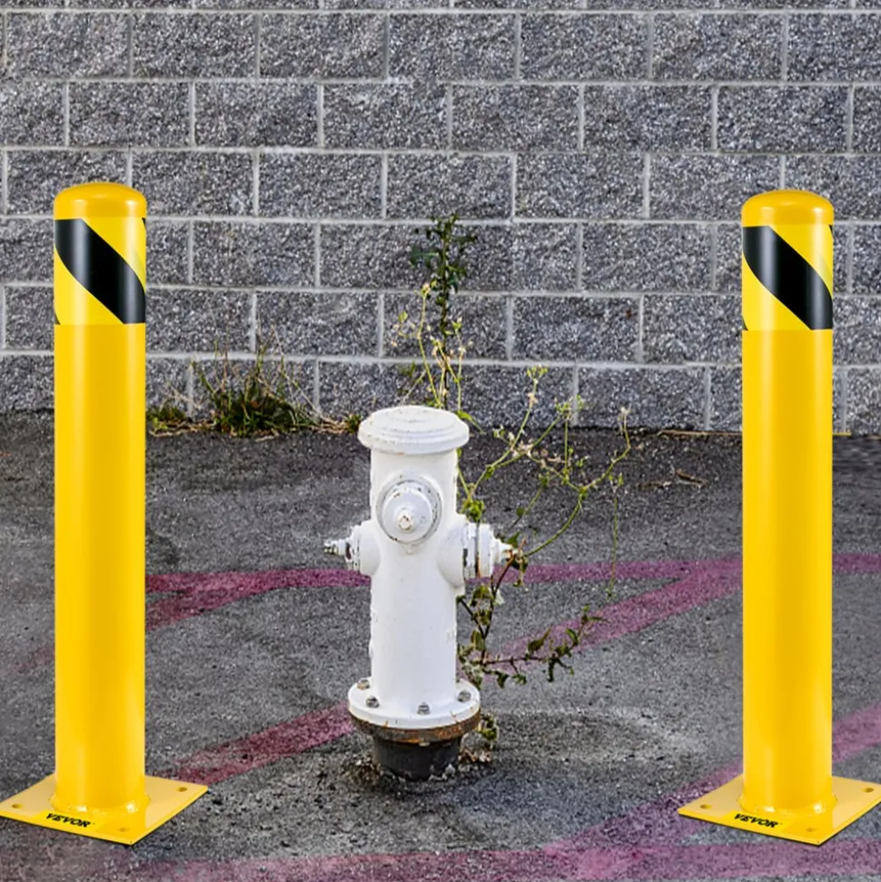 VEVOR Safety Bollard, 48 Inch Height Bollard Post, 5.5 Inch Diameter Steel Pipe Safety Bollard Post, Yellow Steel Bollard, Steel Safety Bollard with 8 Anchor Bolts, Perfect for Traffic-Sensitive Area