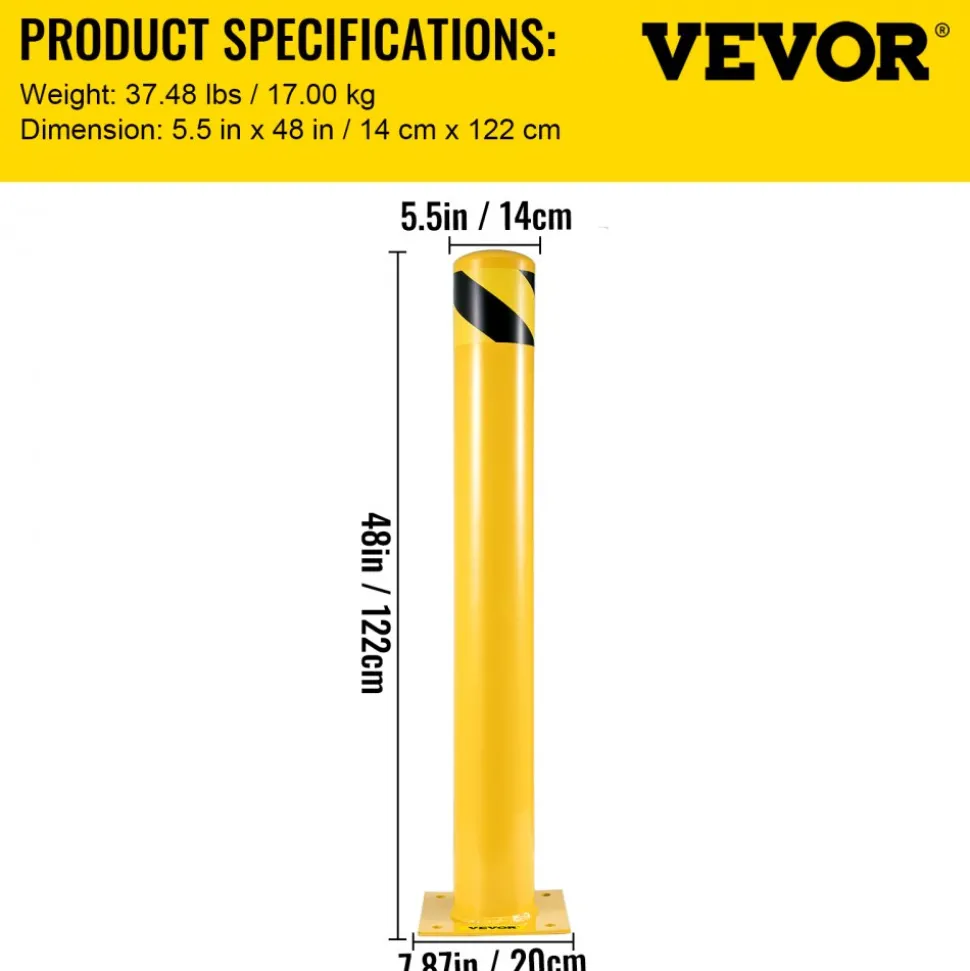 VEVOR Safety Bollard, 48 Inch Height Bollard Post, 5.5 Inch Diameter Steel Pipe Safety Bollard Post, Yellow Steel Bollard, Steel Safety Bollard with 8 Anchor Bolts, Perfect for Traffic-Sensitive Area