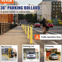 VEVOR Safety Bollard, 36 Inch Height Bollard Post, 4.5 Inch Diameter Steel Pipe Safety Bollard Post, Yellow Steel Bollard, Steel Safety Bollard with 8 Anchor Bolts, Perfect for Traffic-Sensitive Area