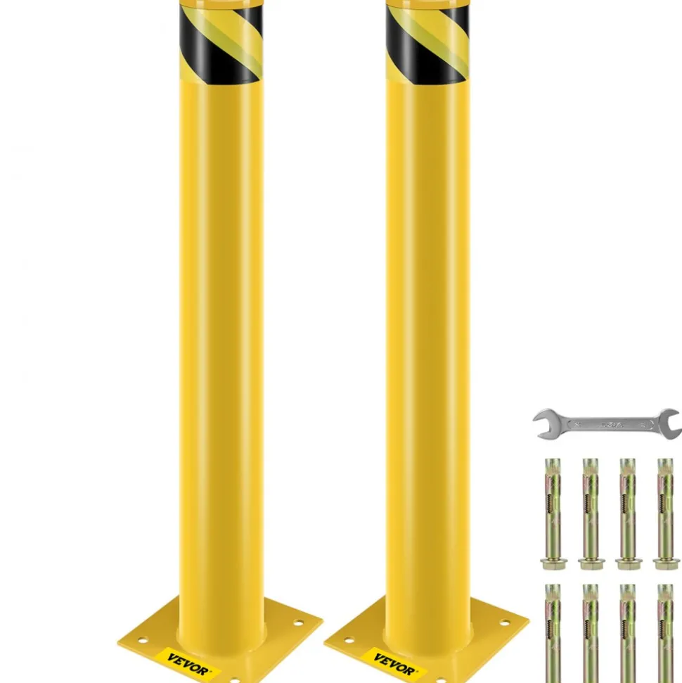 VEVOR Safety Bollard, 42 Inch Height Bollard Post, 5.5 Inch Diameter Steel Pipe Safety Bollard Post, Yellow Steel Bollard, Steel Safety Bollard with 8 Anchor Bolts, Perfect for Traffic-Sensitive Area