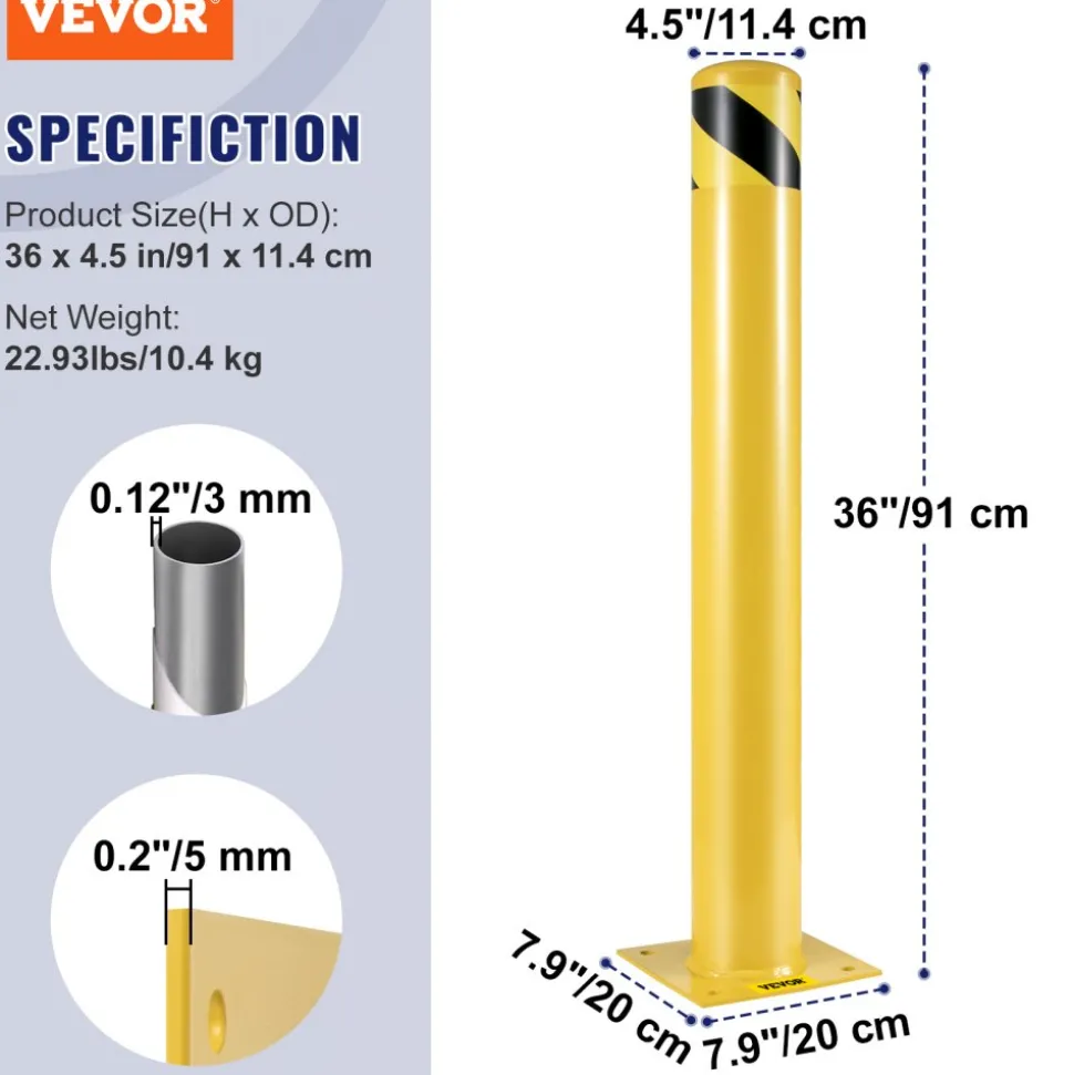 VEVOR Safety Bollard, 42 Inch Height Bollard Post, 5.5 Inch Diameter Steel Pipe Safety Bollard Post, Yellow Steel Bollard, Steel Safety Bollard with 8 Anchor Bolts, Perfect for Traffic-Sensitive Area