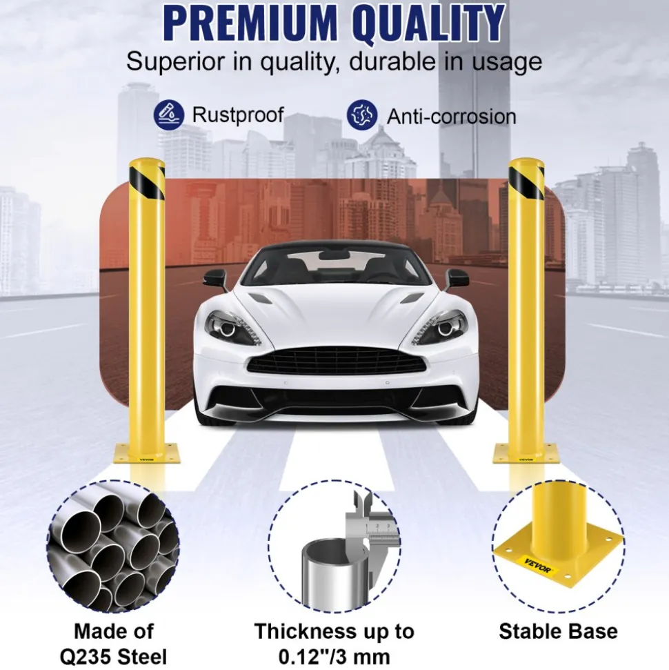 VEVOR Safety Bollard, 42 Inch Height Bollard Post, 5.5 Inch Diameter Steel Pipe Safety Bollard Post, Yellow Steel Bollard, Steel Safety Bollard with 8 Anchor Bolts, Perfect for Traffic-Sensitive Area