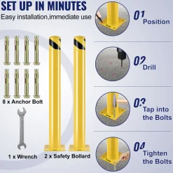 VEVOR Safety Bollard, 42 Inch Height Bollard Post, 4.5 Inch Diameter Steel Pipe Safety Bollard Post, Yellow Steel Bollard, Steel Safety Bollard with 8 Anchor Bolts, Perfect for Traffic-Sensitive Area