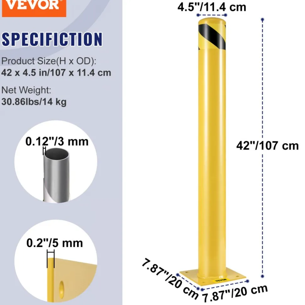 VEVOR Safety Bollard, 42 Inch Height Bollard Post, 4.5 Inch Diameter Steel Pipe Safety Bollard Post, Yellow Steel Bollard, Steel Safety Bollard with 8 Anchor Bolts, Perfect for Traffic-Sensitive Area