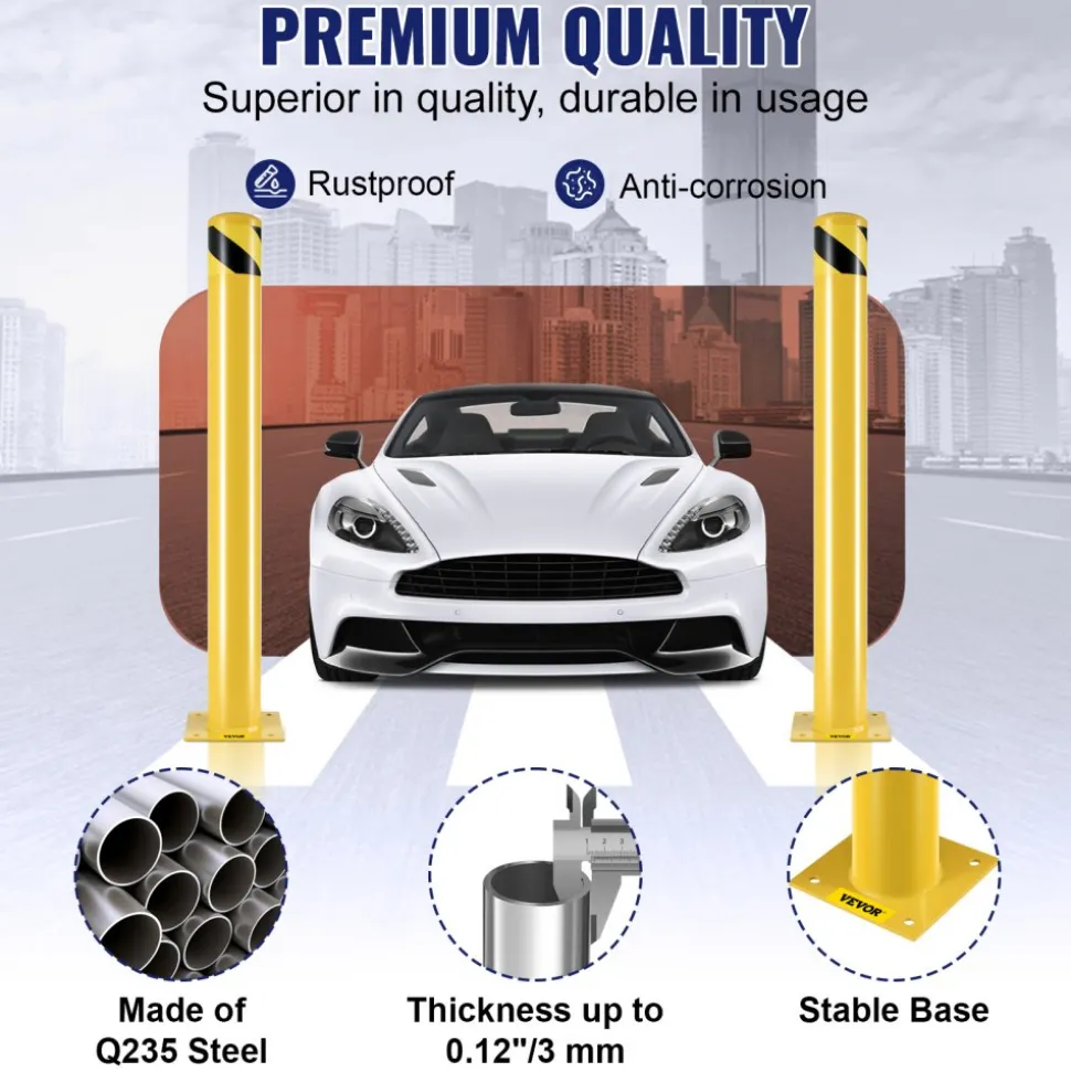VEVOR Safety Bollard, 42 Inch Height Bollard Post, 4.5 Inch Diameter Steel Pipe Safety Bollard Post, Yellow Steel Bollard, Steel Safety Bollard with 8 Anchor Bolts, Perfect for Traffic-Sensitive Area