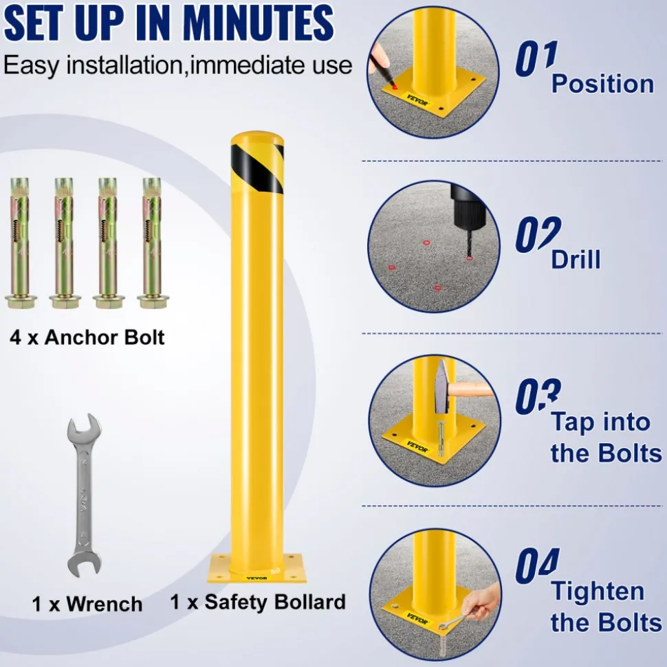 VEVOR Safety Bollard Safety Barrier Bollard 4-1/2" OD 36" Height Yellow Powder Coat Pipe Steel Safety Barrier with 4 Free Anchor Bolts for Traffic-Sensitive Area