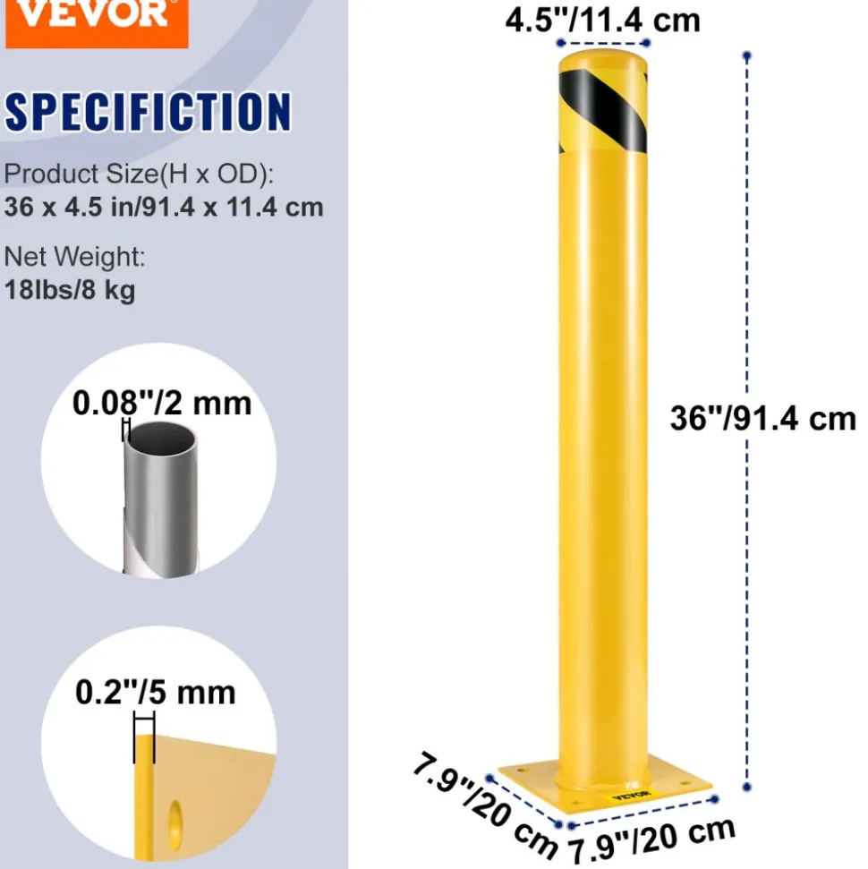 VEVOR Safety Bollard Safety Barrier Bollard 4-1/2" OD 36" Height Yellow Powder Coat Pipe Steel Safety Barrier with 4 Free Anchor Bolts for Traffic-Sensitive Area