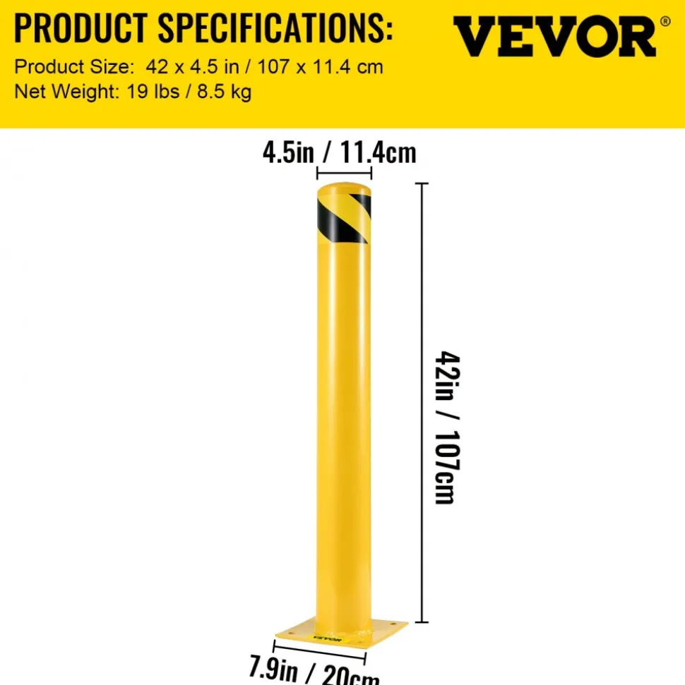 VEVOR Safety Bollard 42"x4.5" Safety Barrier Bollard 4-1/2" OD 42" Height Yellow Powder Coat Pipe Steel Safety Barrier with 4 Free Anchor Bolts for Traffic-Sensitive Area