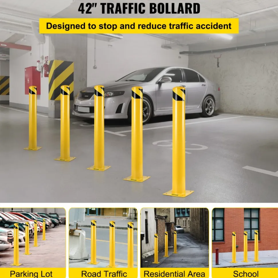 VEVOR Safety Bollard 42"x4.5" Safety Barrier Bollard 4-1/2" OD 42" Height Yellow Powder Coat Pipe Steel Safety Barrier with 4 Free Anchor Bolts for Traffic-Sensitive Area
