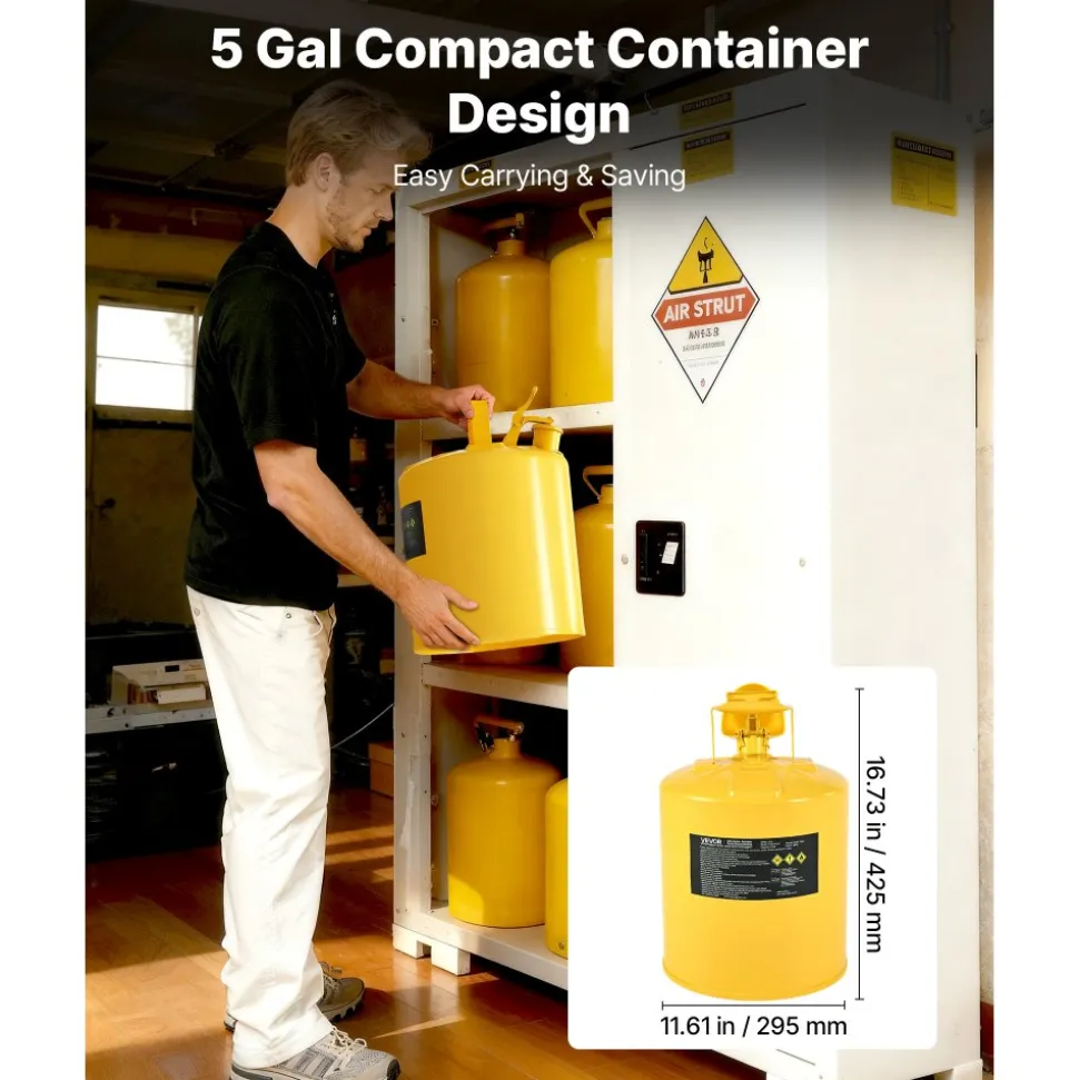VEVOR Safety Can, 5 Gallon Type I Yellow Safety Can for Diesel with Stainless Steel Flame Arrester, Self-Closing Lid, and PE Funnel, Carbon Steel Flammable Storage Container with Ergonomic Handle