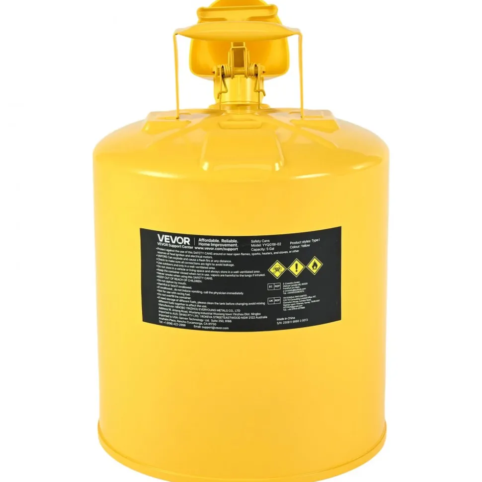 VEVOR Safety Can, 5 Gallon Type I Yellow Safety Can for Diesel with Stainless Steel Flame Arrester, Self-Closing Lid, and PE Funnel, Carbon Steel Flammable Storage Container with Ergonomic Handle