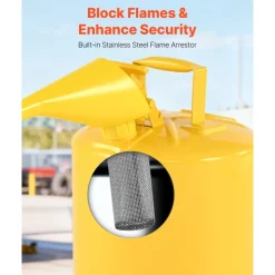 VEVOR Safety Can, 5 Gallon Type I Yellow Safety Can for Diesel with Stainless Steel Flame Arrester, Self-Closing Lid, and PE Funnel, Carbon Steel Flammable Storage Container with Ergonomic Handle