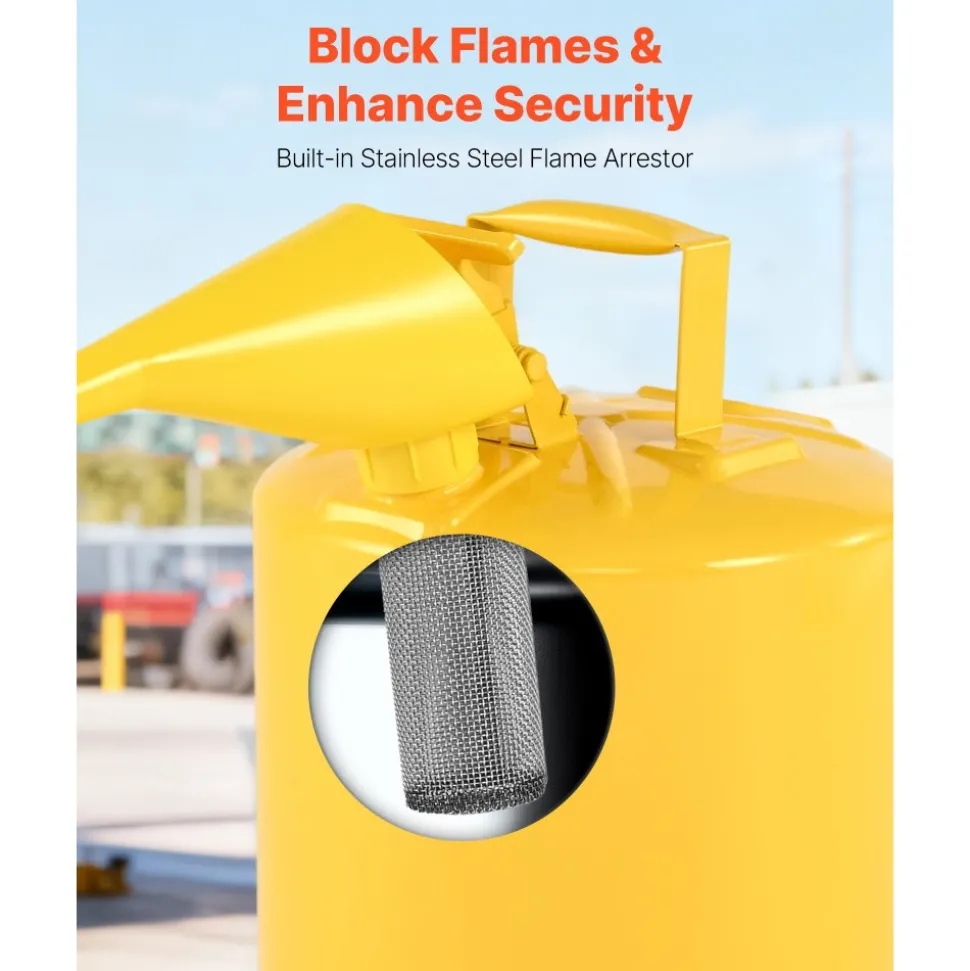 VEVOR Safety Can, 5 Gallon Type I Yellow Safety Can for Diesel with Stainless Steel Flame Arrester, Self-Closing Lid, and PE Funnel, Carbon Steel Flammable Storage Container with Ergonomic Handle