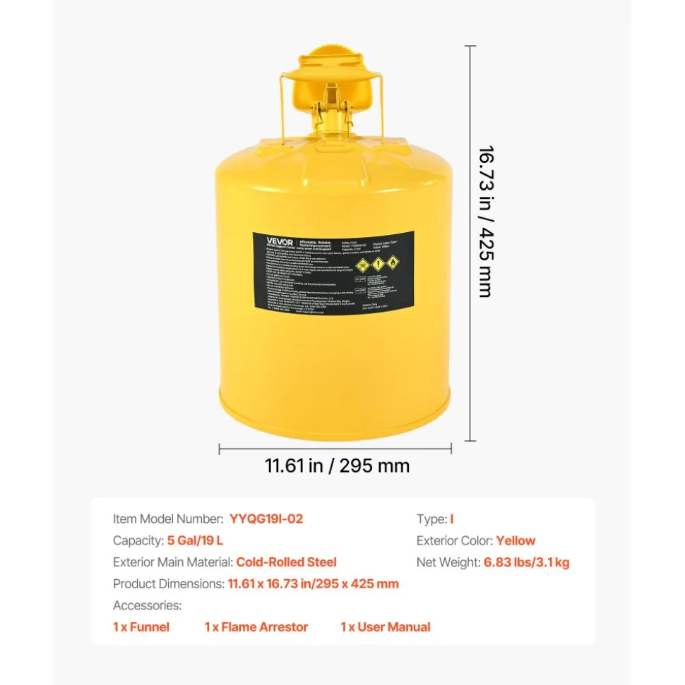 VEVOR Safety Can, 5 Gallon Type I Yellow Safety Can for Diesel with Stainless Steel Flame Arrester, Self-Closing Lid, and PE Funnel, Carbon Steel Flammable Storage Container with Ergonomic Handle