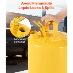 VEVOR Safety Can, 5 Gallon Type I Yellow Safety Can for Diesel with Stainless Steel Flame Arrester, Self-Closing Lid, and PE Funnel, Carbon Steel Flammable Storage Container with Ergonomic Handle