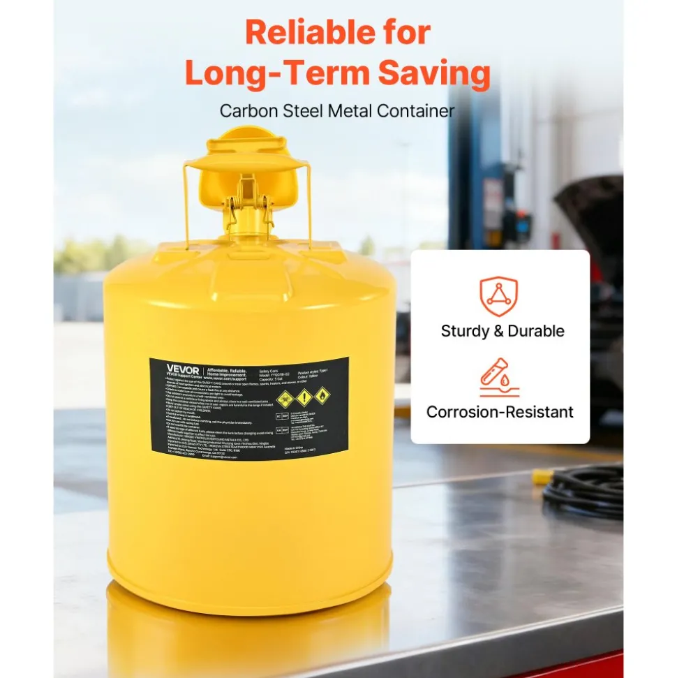 VEVOR Safety Can, 5 Gallon Type I Yellow Safety Can for Diesel with Stainless Steel Flame Arrester, Self-Closing Lid, and PE Funnel, Carbon Steel Flammable Storage Container with Ergonomic Handle