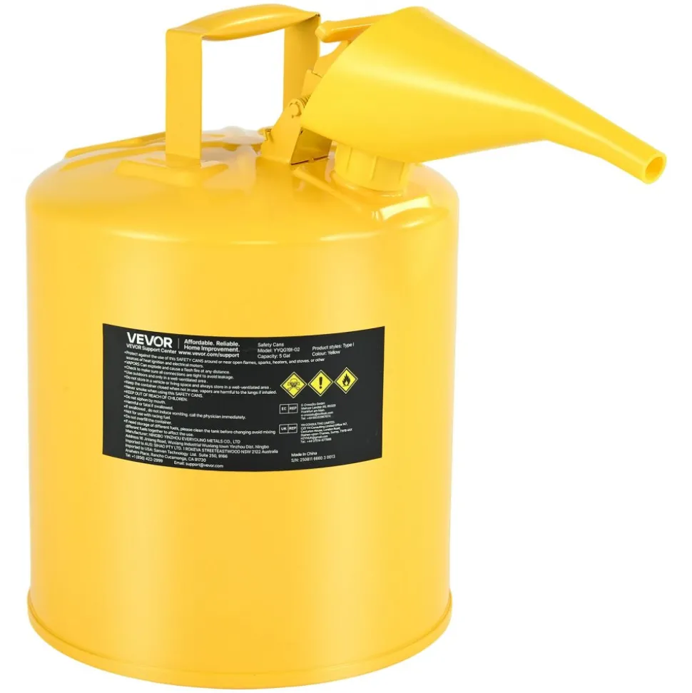 VEVOR Safety Can, 5 Gallon Type I Yellow Safety Can for Diesel with Stainless Steel Flame Arrester, Self-Closing Lid, and PE Funnel, Carbon Steel Flammable Storage Container with Ergonomic Handle