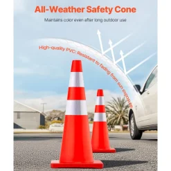 VEVOR Safety Cones, 28 in/73 cm Height, 12 PCS PVC Orange Traffic Cone with 2 Reflective Collars and Weighted Base, Used for Traffic Control, Driveway Road Parking and School Improvement